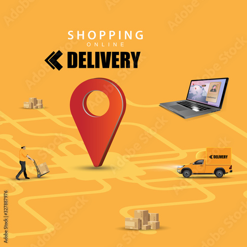 Online delivery service concept, online order tracking, Delivery home and office. City logistics. Warehouse, truck, forklift, courier, Chat order products on computer. Vector illustration