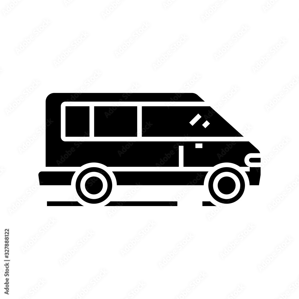 Minivan driving black icon, concept illustration, vector flat symbol, glyph sign.