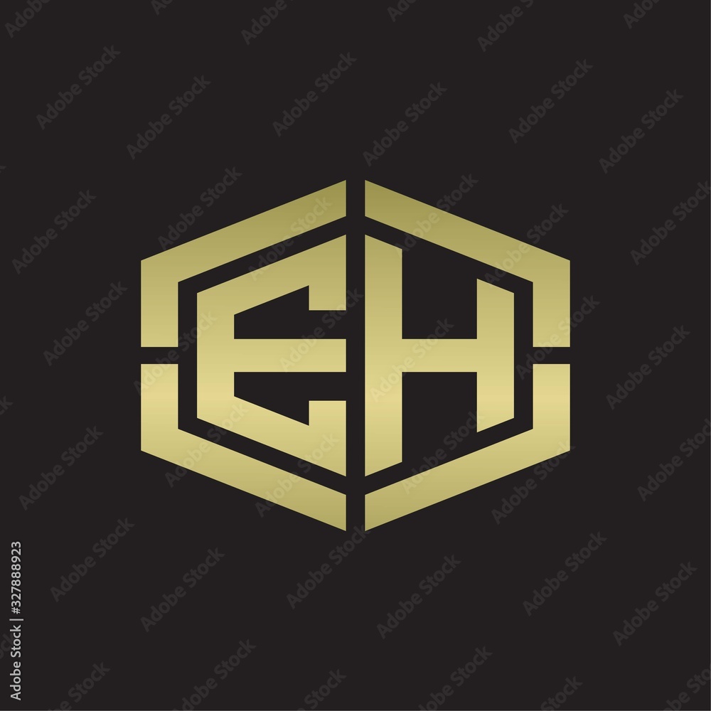 EH Logo monogram with hexagon shape and piece line rounded design tamplate on gold colors EH Logo monogram with hexagon shape and piece line rounded design tamplate on gold colors