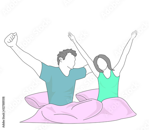 the couple woke up and stretched. family life. romantic relationship. vector illustration.