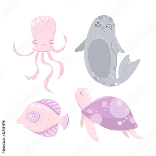 Vector sea animal - seal fur, fish, octopus, turtle. Cartoon illustration of marine life objects for your design. Isolated elements for kids book decoration, postcard, educational game, sticker.