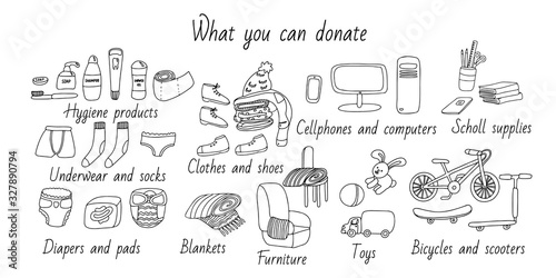 What you can donate. List of items with pictures for charity. There are clothes, furniture, computer, books, bike, scooter, hygiene items, stationery, toys. Hand drawn doodle illustration in black ink
