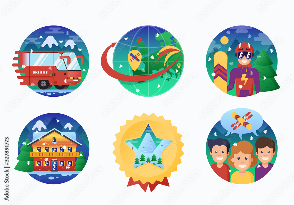 Ski or Snowboard Resort Icons Collection. Vector Circle Banners of Snowboarding Instructor, Mountains, Ski Bus, Alpine Hotel and Like-Minded People with Snowflakes. Action Sports Emblems Set.