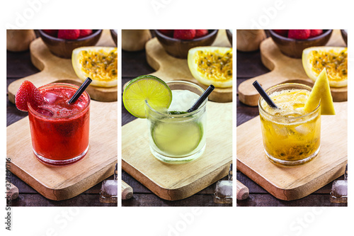 Brazilian caipirinha, typical Brazilian cocktail made with fruits. Lemon, strawberry and passion fruit, cachaça or vodka with sugar. Cultural and gastronomic heritage of Rio de Janeiro. photo