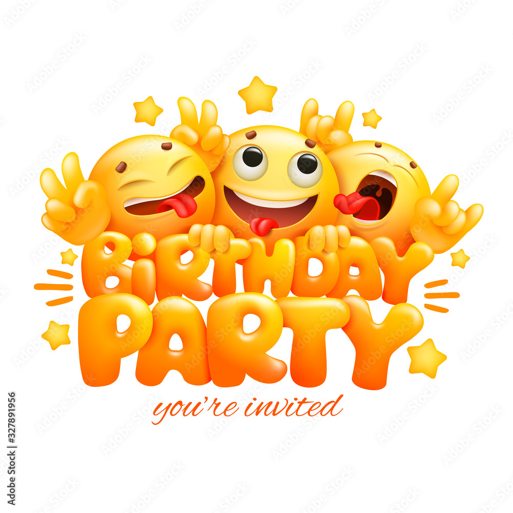 Smile yellow faces emoji cartoon characters. Birthday party card.