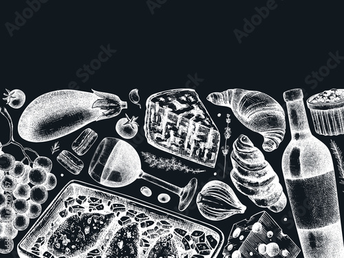 French cuisine menu design on chalk board. Hand drawn vector food and drink festival dishes illustrations. Vintage style french food and beverages restaurant menu template.