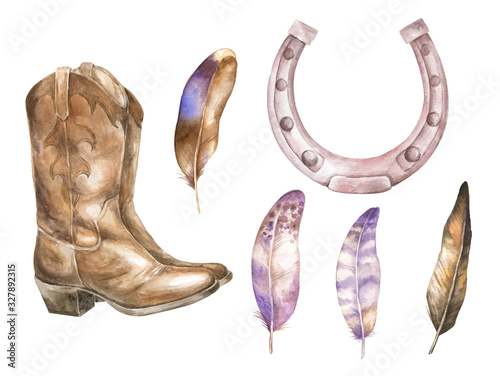 Watercolor set of cowboy boots, horseshoe and feathers.