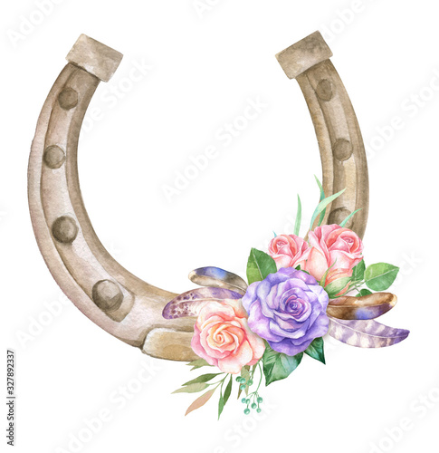  Watercolor horseshoe with floral decoration