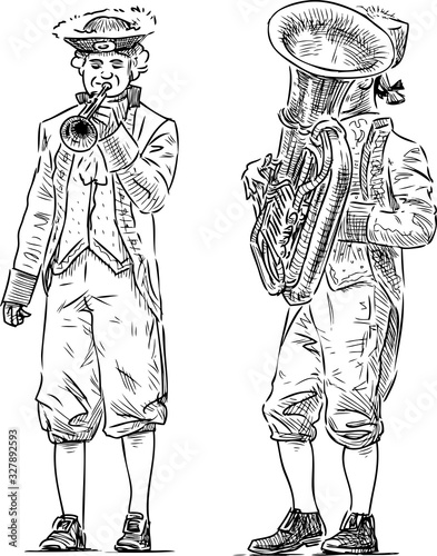 Sketch of musicians in carnival vintage suits playing trumpets