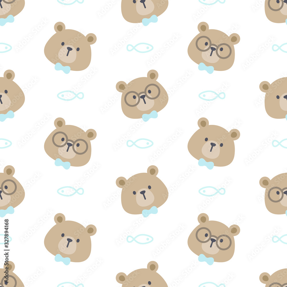 Cute bear with glasses and bow tie seamless pattern background
