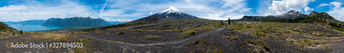 Panorama of the Patagonian mountains with snow capped volcano of Osorno in the middle of the frame. Chile