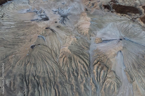 Beautiful aerial view of a lunar landscape  over the muddy volcanoes, Paclele, Berca, Buzau County, Romania