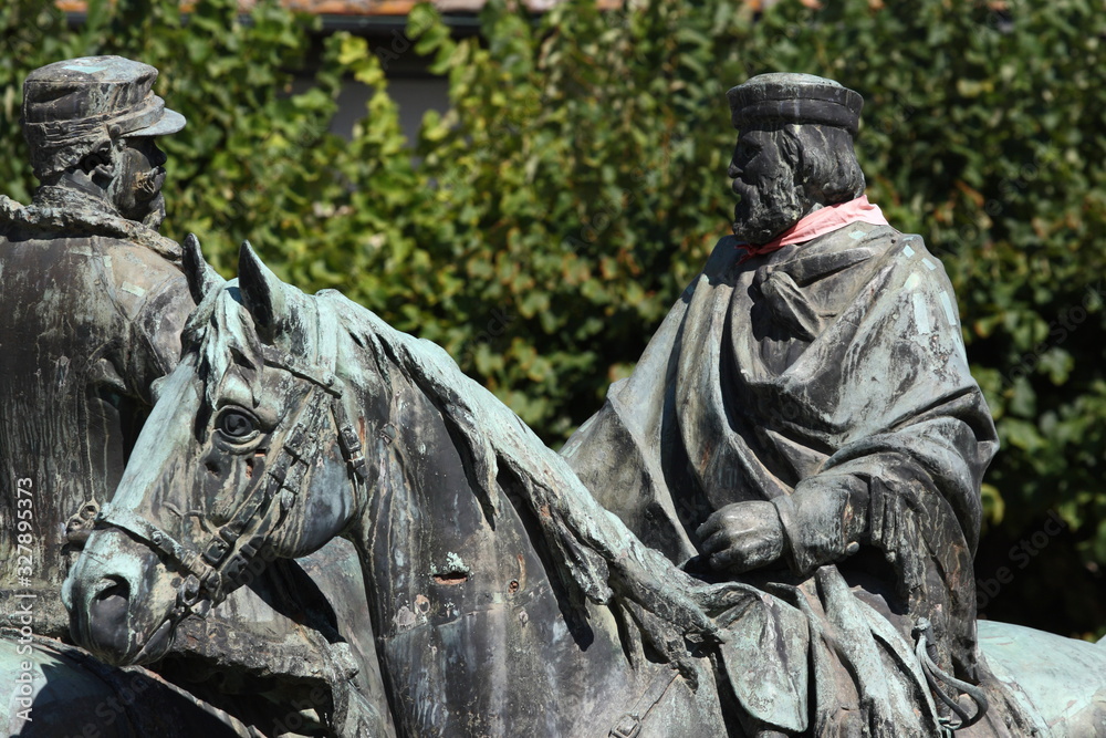 Fiesole, Italy - September 10, 2011: The Monument to the meeting of Teajno dedicated to Garibaldi and Vittorio Emanuele in Piazza Mino