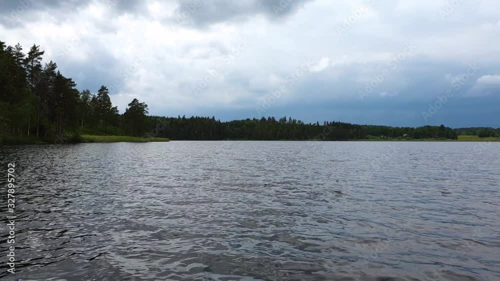 Slow motion. Gorgeous view of nature landscape. High trees on lake coast on blue sky with gray clouds background. Cloudy summer day on nature. Slow motion. Gorgeous view of nature landscape. High trees on lake coast on blue sky with gray clouds background. Cloudy summer day on nature.
