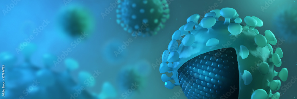 Coronavirus disease COVID-19 outbreak. Microscopic view of a infectious virus. Group of SARS-CoV-2 virus cells. 3D Rendering - obrazy, fototapety, plakaty 