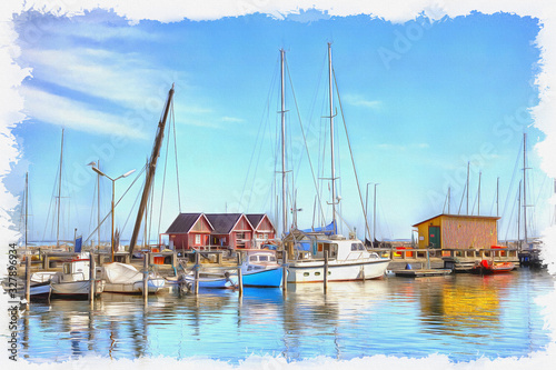 Imitation of a picture. Oil paint. Illustration. In the bay