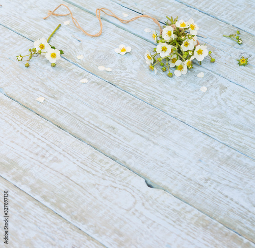 Strawberry Flowers Bouquet. Flowers of wild strawberry on a wooden background. Copy space © AllNikArt