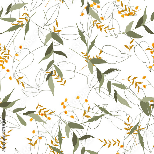 Modern vintage texture. Botanical illustration. Vector decoration art. Beautiful abstract seamless template or pattern on yellow flower skin style background.