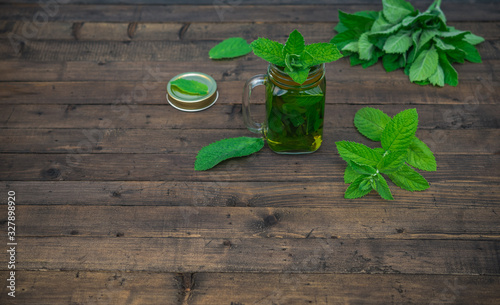 Healthy Refreshing beverage. Fresh Green Mint Leaves and Mint Tea in a mason jar on a wooden rustic dark brown table. Phytotherapy Medicinal Herbs. Herbal Tea Cup. Copy space