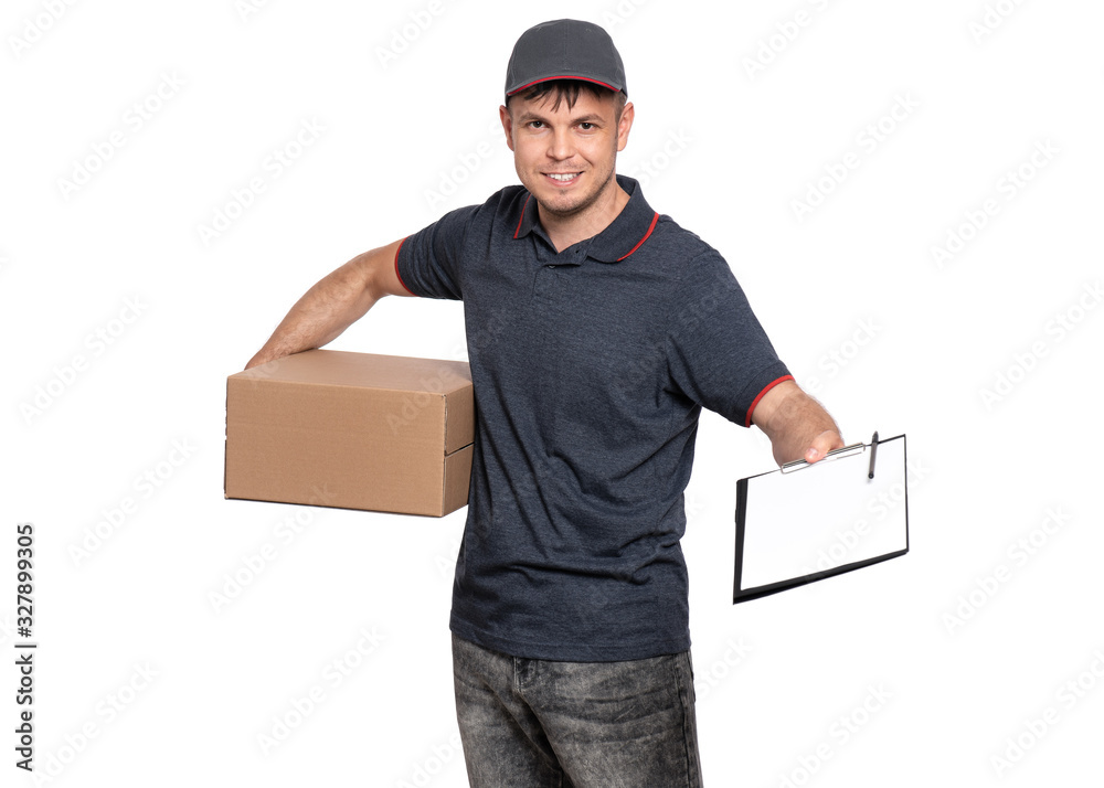 Portrait of Delivery man in cap holding cardboard box and clipboard with papers document. Handsome man, looking on camera. Courier isolated on white background. Portrait of Delivery man in cap holding cardboard box and clipboard with papers document. Handsome man, looking on camera. Courier isolated on white background.