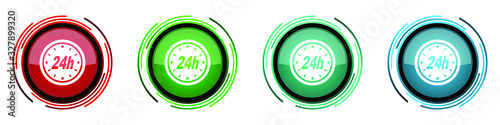 24h round glossy vector icons, set of buttons for webdesign, internet and mobile phone applications in four colors options isolated on white background