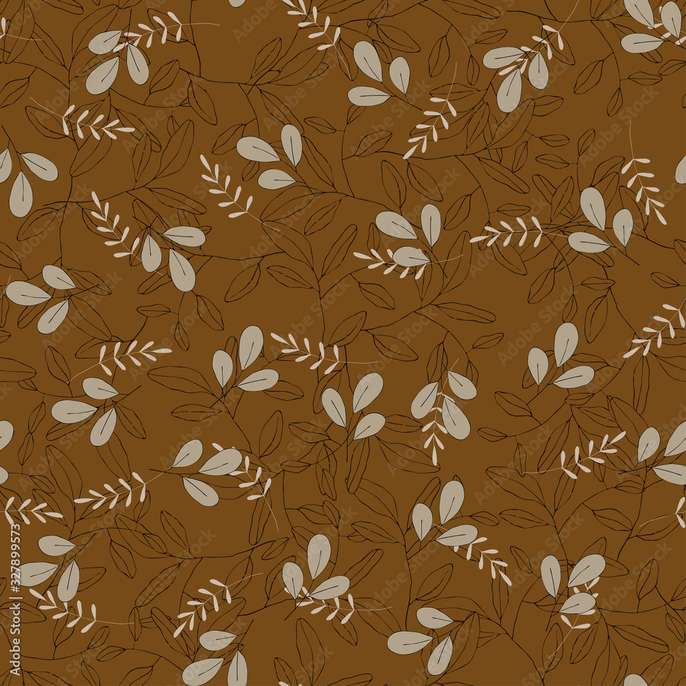 Summer foliage, seamless pattern in hand drawn style. Vector tropical leave wallpaper. Modern abstract garden or botanical illustration on dark brown backdrop.