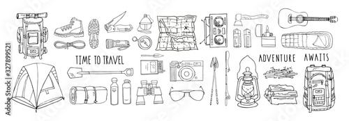 Set of vector elements isolated on white. Hiking gear for camping trips. Backpack, boots, tent, sleeping bag, compass, map, flashlight, binoculars, camera, reusable bottle. Handwritten lettering