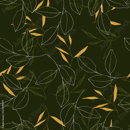 Yellow or orange summer foliage, seamless pattern in hand drawn style. Vector tropical leave wallpaper. Modern abstract garden floral or botanical illustration on dark green backdrop.