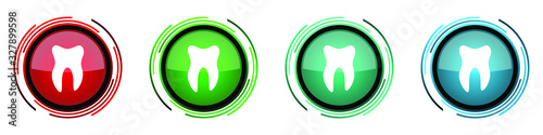 Tooth round glossy vector icons, set of buttons for webdesign, internet and mobile phone applications in four colors options isolated on white background