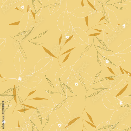 Green and orange palm tropical hand drawing vector illustration on yellow background in beach style. Free painting of summer leaf and exotic flora  nature motifs with flowers. Seamless hawaii pattern
