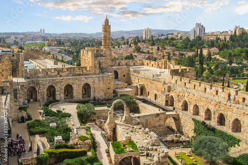 Fotobehang The panoramic view of the ancient citadel Tower of David in Jerusalem, Israel