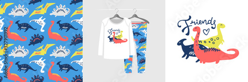 Seamless pattern and illustration for a kid with dinosaurs, text Friends