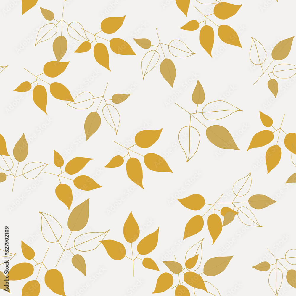 Botanical vector illustration of painted small floral template and outline drawing elements. Rustic vintage golden leaves and hand sketched branches seamless pattern on light pastel background.