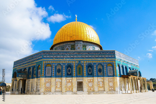 Dome of the Rock in Jerusalem, Israel. The Temple Mount. The main landmark of Jerusalem. Famous golden dome. The mosque Qubbat al-Sakhrah