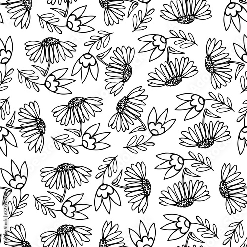 Seamless vector Pattern black and white doodle outline hand-drawn daisy flowers and bell snowdrop  for wallpaper design  greeting card background  textile wrapping paper. Pattern for coloring