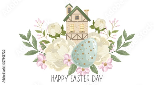 Happy Easter card with handwritten phrase. Easter elements, flowers, branches, eggs. For textiles, postcards and Wallpaper. Printing on fabric, paper, cards, invitations.