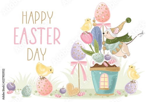 Cute Easter Mouse with a hand-drawn phrase "Happy Easter". Easter eggs, branches with leaves,  flowers. Calligraphy brush for invitation and greeting card.