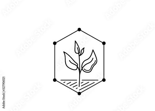 Ecology protect logo concept. Plant with leaves growth from ground in protect barrier. Vector illustration isolated on white background