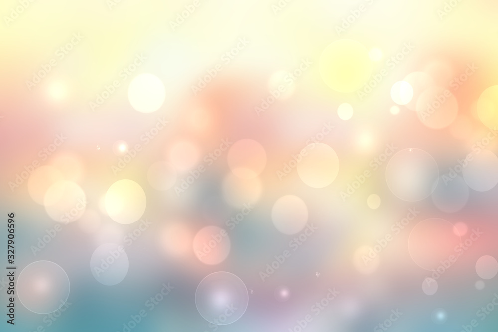Abstract blurred vivid spring summer light delicate pastel pink blue yellow bokeh background texture with bright soft color circles and bokeh lights. Card concept. Beautiful backdrop illustration.