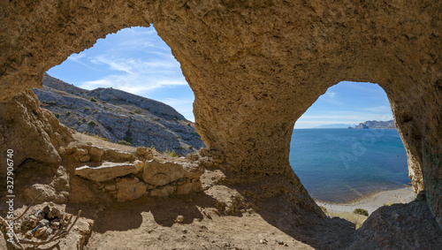 Scenic view inside mountain grotto Aeolian Harp  Sudak  Crimea  Russia.