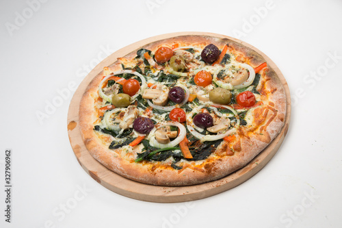 Vegetarian pizza or pizza with onions, mixed olives, mushrooms and tomato with a white background