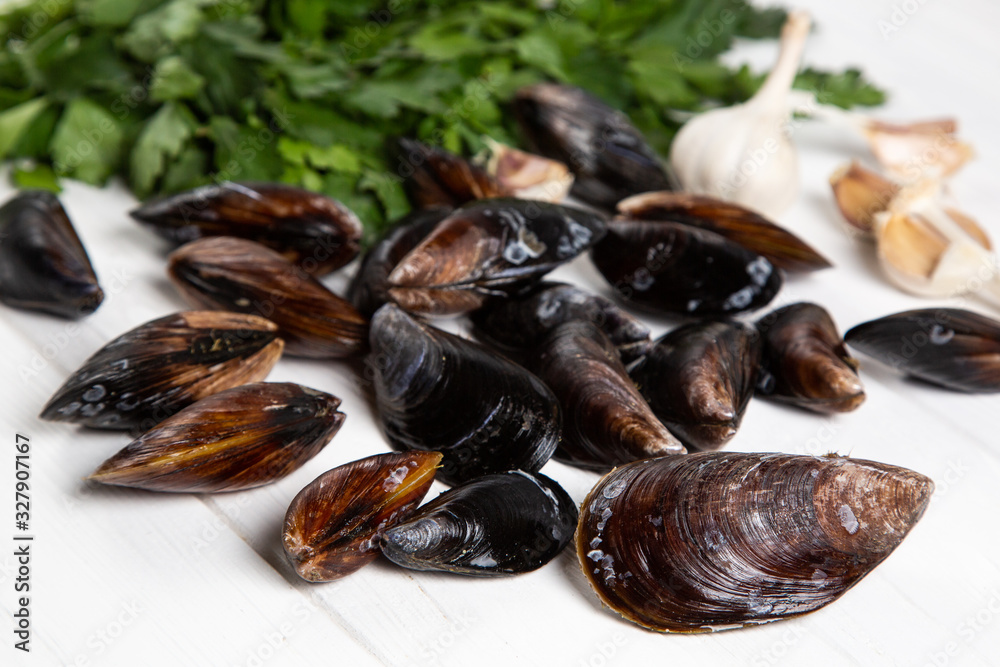 Cook ingredients - fresh raw mussels with parsley and garlic Cook ingredients - fresh raw mussels with parsley and garlic