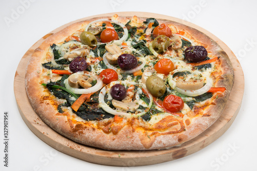 Vegetarian pizza or pizza with onions, mixed olives, mushrooms and tomato with a white background