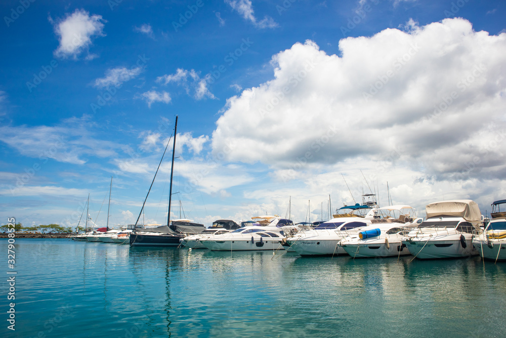 Salvador, Bahia – February 06 2020: Various speedboats anchored at the Marina in Salvador