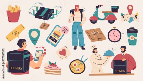 Collection of delivery service, fast food, food delivery, courier service illustrations isolated on white background. Flat cartoon colorful vector illustration.