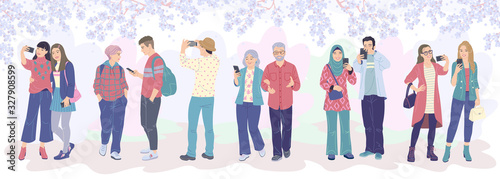 Group of Tourists Watching Blooming Trees