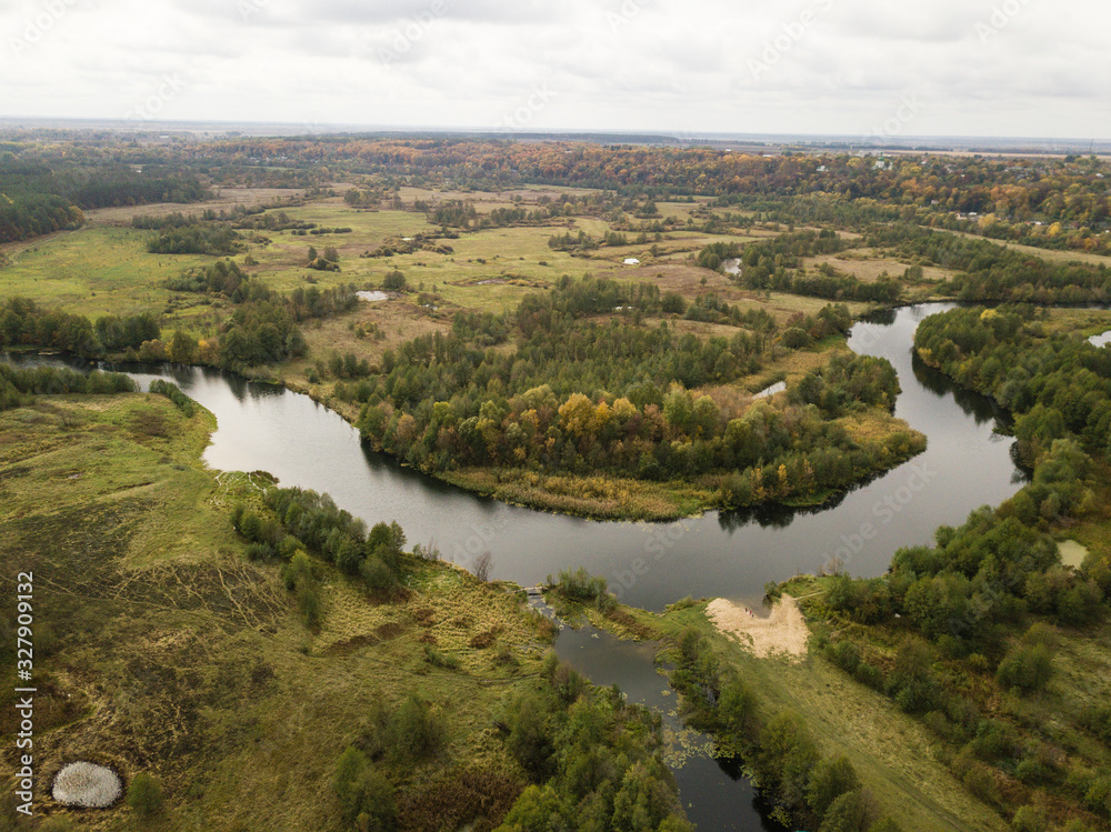 Aerial view of river Snov in autumn near village of Sednev, Ukraine.