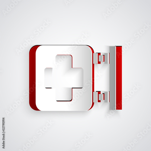 Paper cut Hospital signboard icon isolated on grey background. Paper art style. Vector Illustration