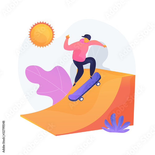 Extreme leisure, sportive entertainment. Outdoor activities, skateboarding hobby, active rest. Teenage skateboarder training in urban skateboard park. Vector isolated concept metaphor illustration