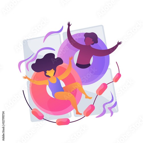 Summer rest. People swimming with rubber rings and lifebuoys. Pool party idea. Inflatable toys, swim tubes, pool equipment. Summertime fun. Vector isolated concept metaphor illustration